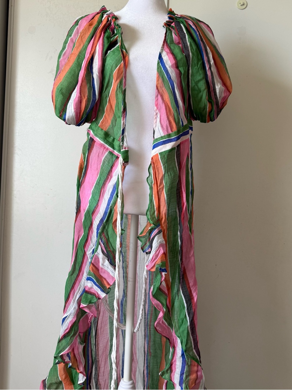 Lulu's Multicolor Striped Puff Sleeve Swim Coverup - Green, Pink & Orange
